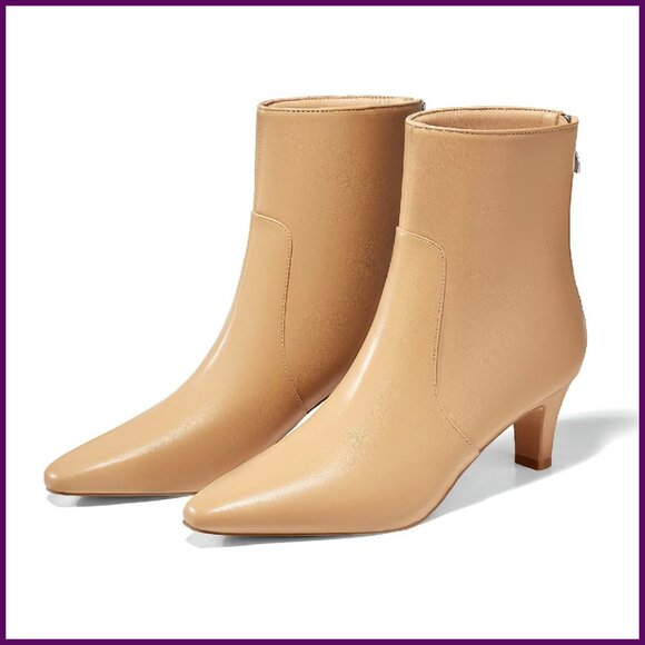 Women's Low Kitten Heel Ankle Boots Square Toe Leather Dress Booties Zipper